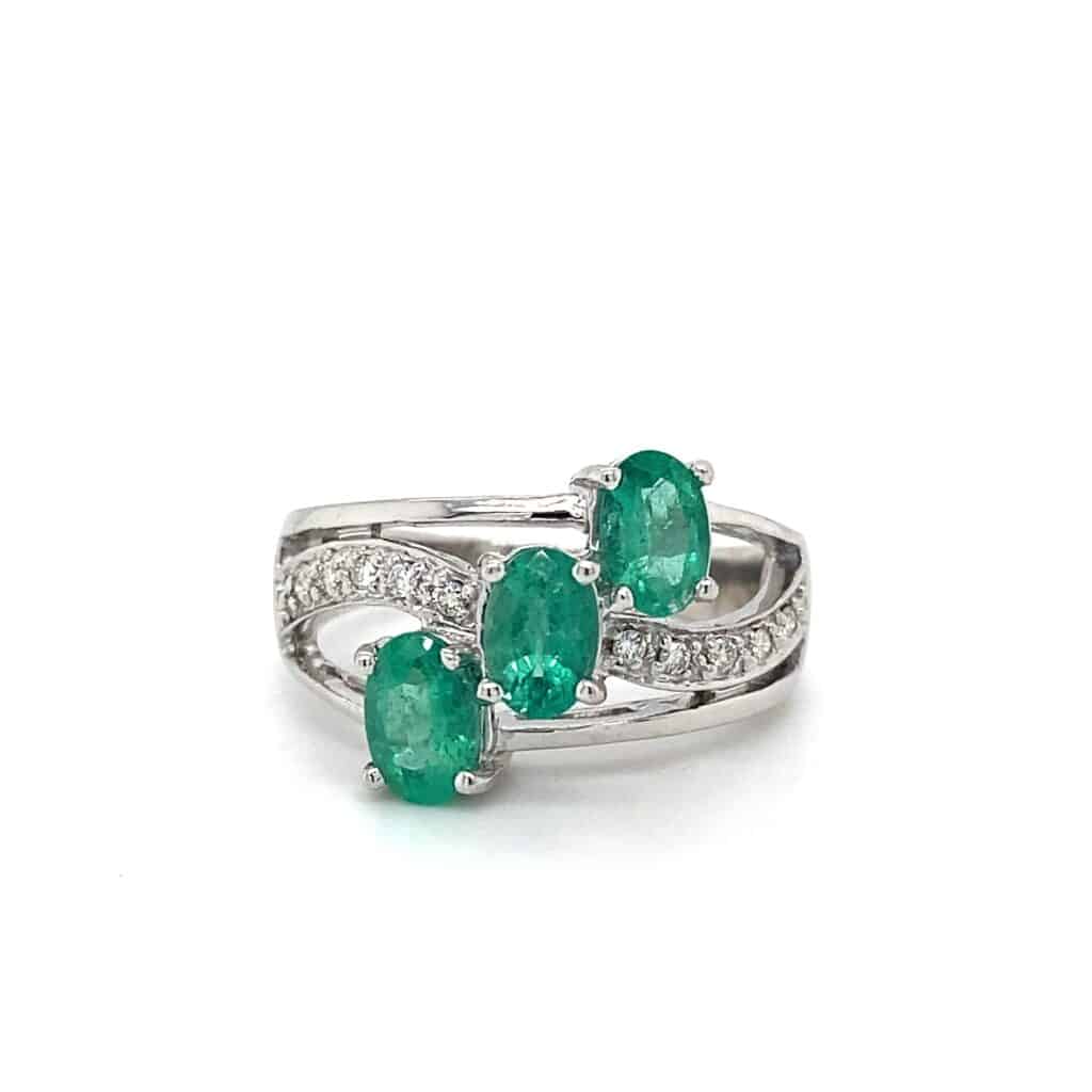 Estate Emerald and Diamond Split Shank Ring in 18K White Gold