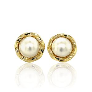 Estate Mabe Pearl Twist Frame Stud Earrings in 18k Yellow Gold