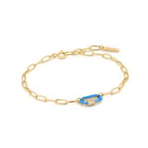 Neon Blue Enamel Carabiner Bracelet in 14k Yellow Gold Plating by Ania Haie
