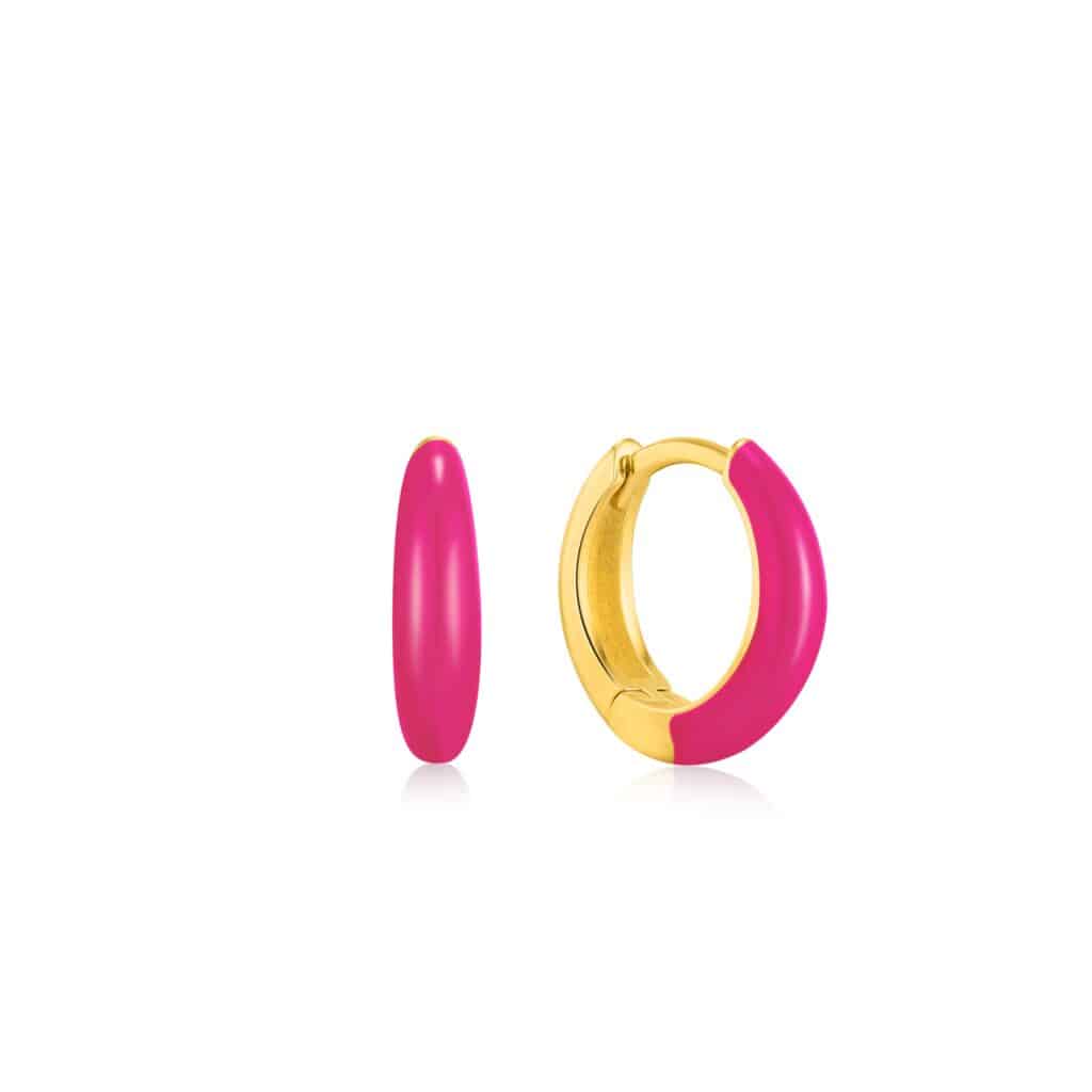 Neon Nights Pink Enamel Sleek Huggie Hoops in 14k Yellow Gold Plating by Ania Haie