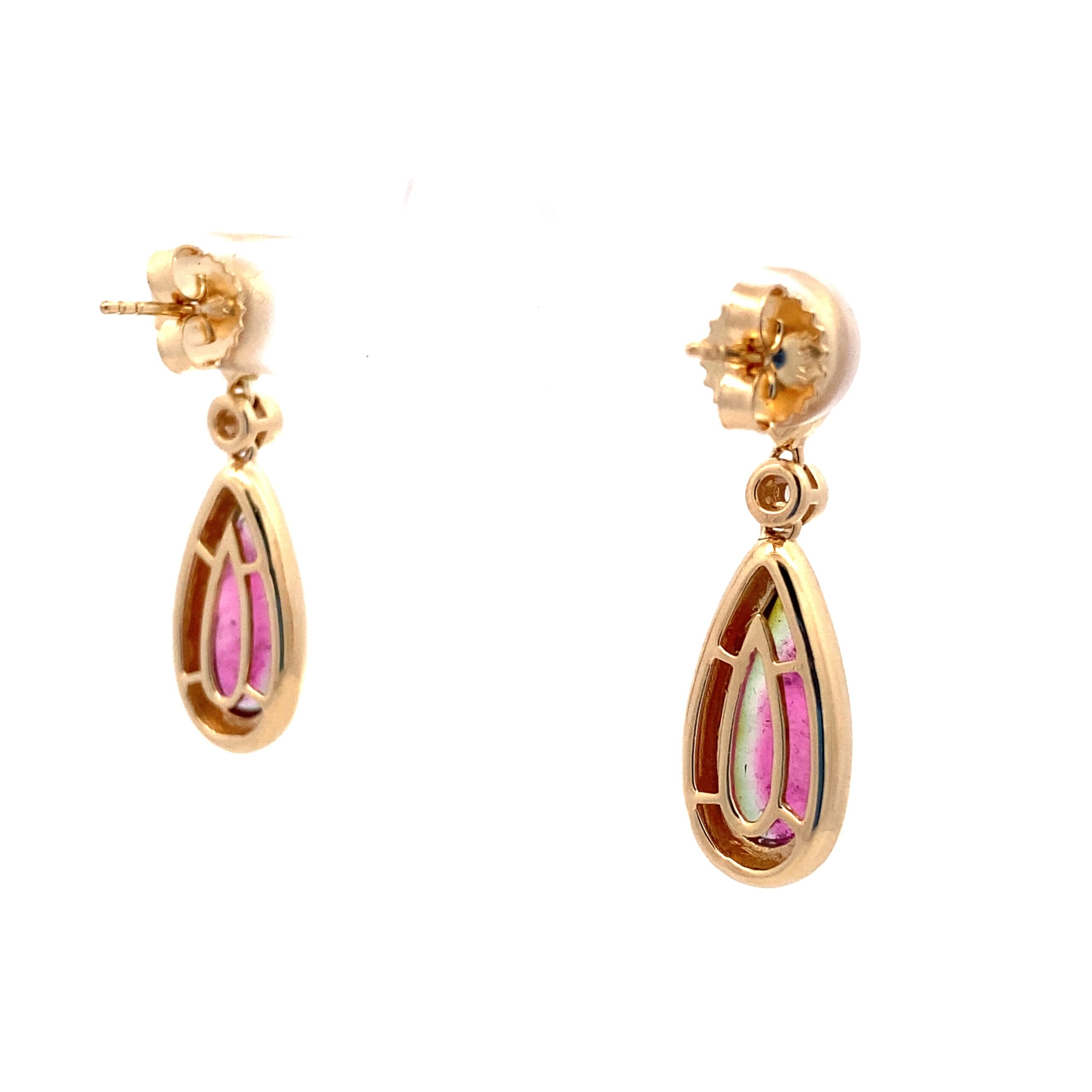 Watermelon Tourmaline and Diamond Drop Earrings