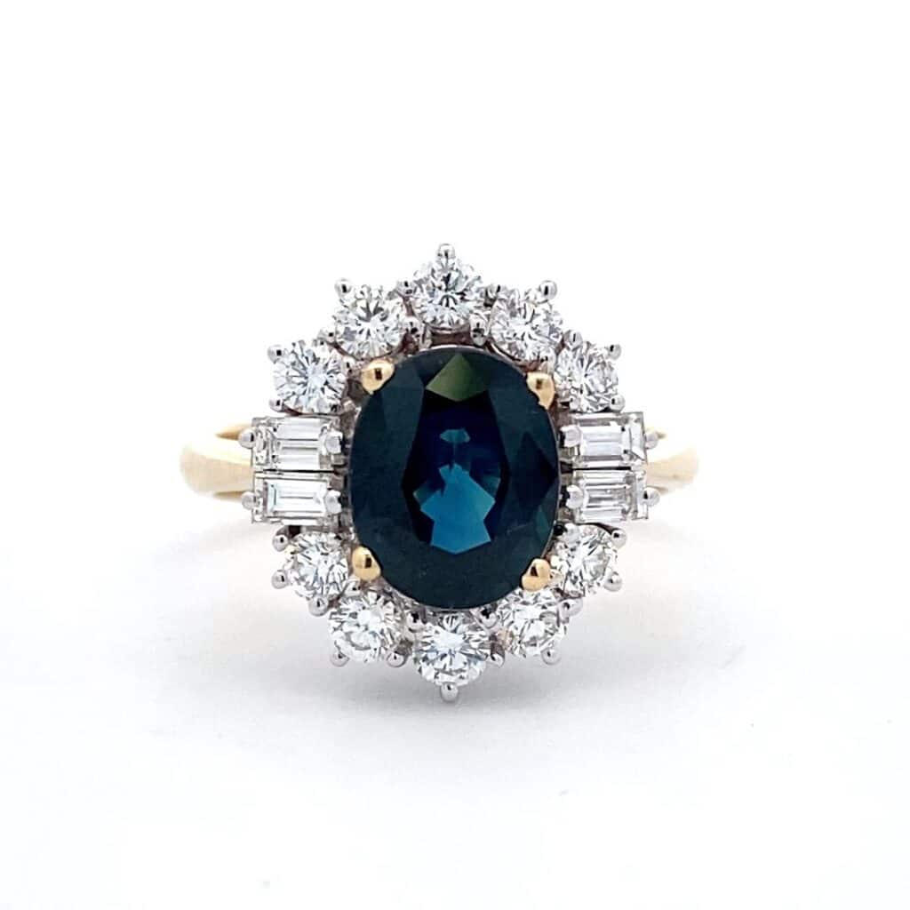 Estate Blue Sapphire and Fancy Diamond Halo Ring in 18k White and Yellow Gold