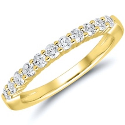 A yellow gold shared prong band featuring 11 round brilliant diamonds