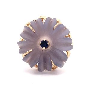 Estate Carved Chalcedony and Sapphire Flower Ring in Yellow Gold