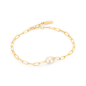 A yellow gold-plated chunky chain bracelet with a pearl pendant and gold sparkle accent