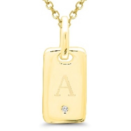 A mini tag necklace featuring the letter "A" and a diamond accent