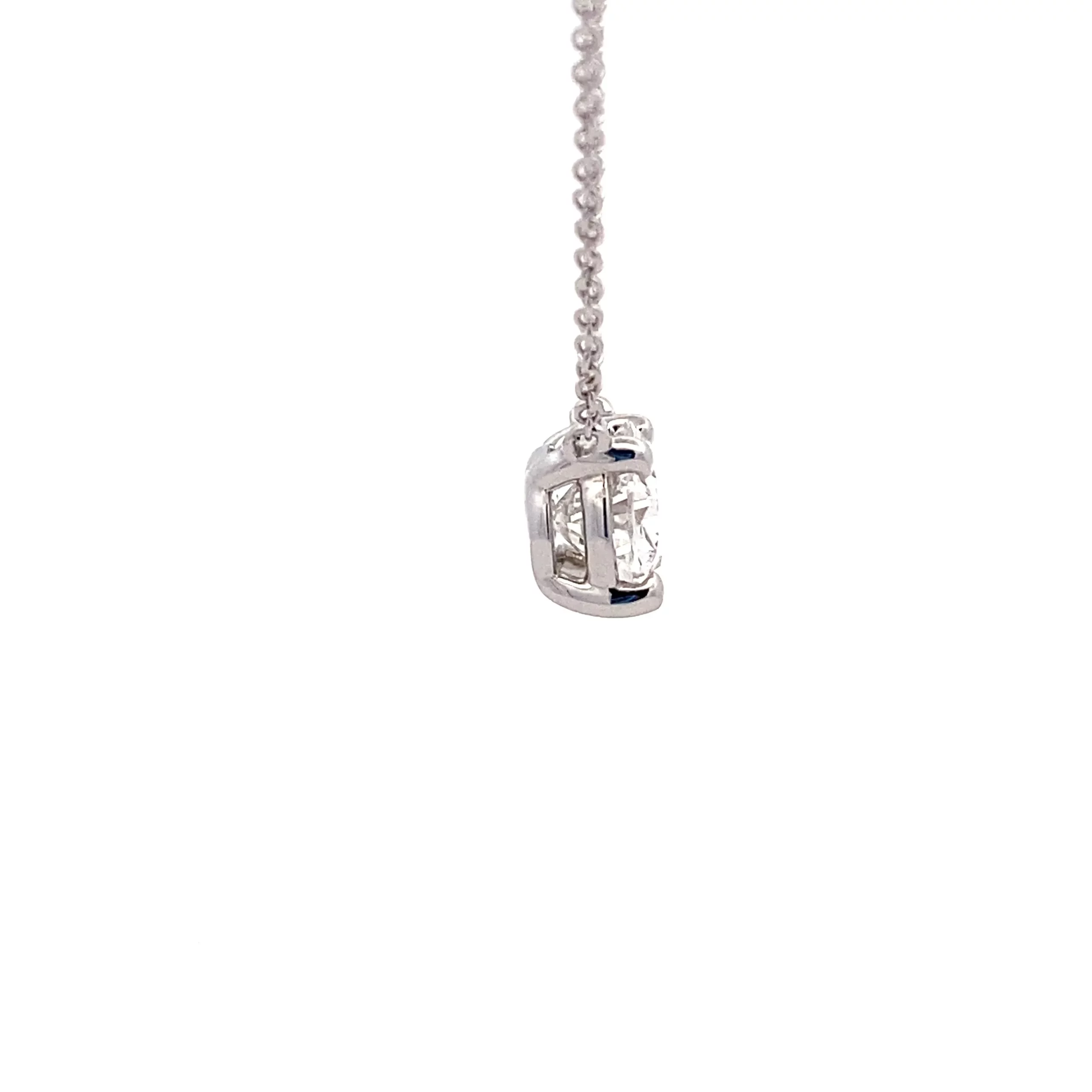 14K white gold Oval Lab Diamond Solitaire Necklace, featuring a 2.04 carat lab-grown diamond in an east/west 4-prong setting on an 18" chain.