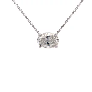 14K white gold Oval Lab Diamond Solitaire Necklace, featuring a 2.04 carat lab-grown diamond in an east/west 4-prong setting on an 18" chain.