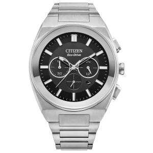 Citizen Silver Tone Axiom Watch with black dial, silver-tone stainless steel case and bracelet, featuring Eco-Drive technology, chronograph, 12/24 hour time, and date indicator.