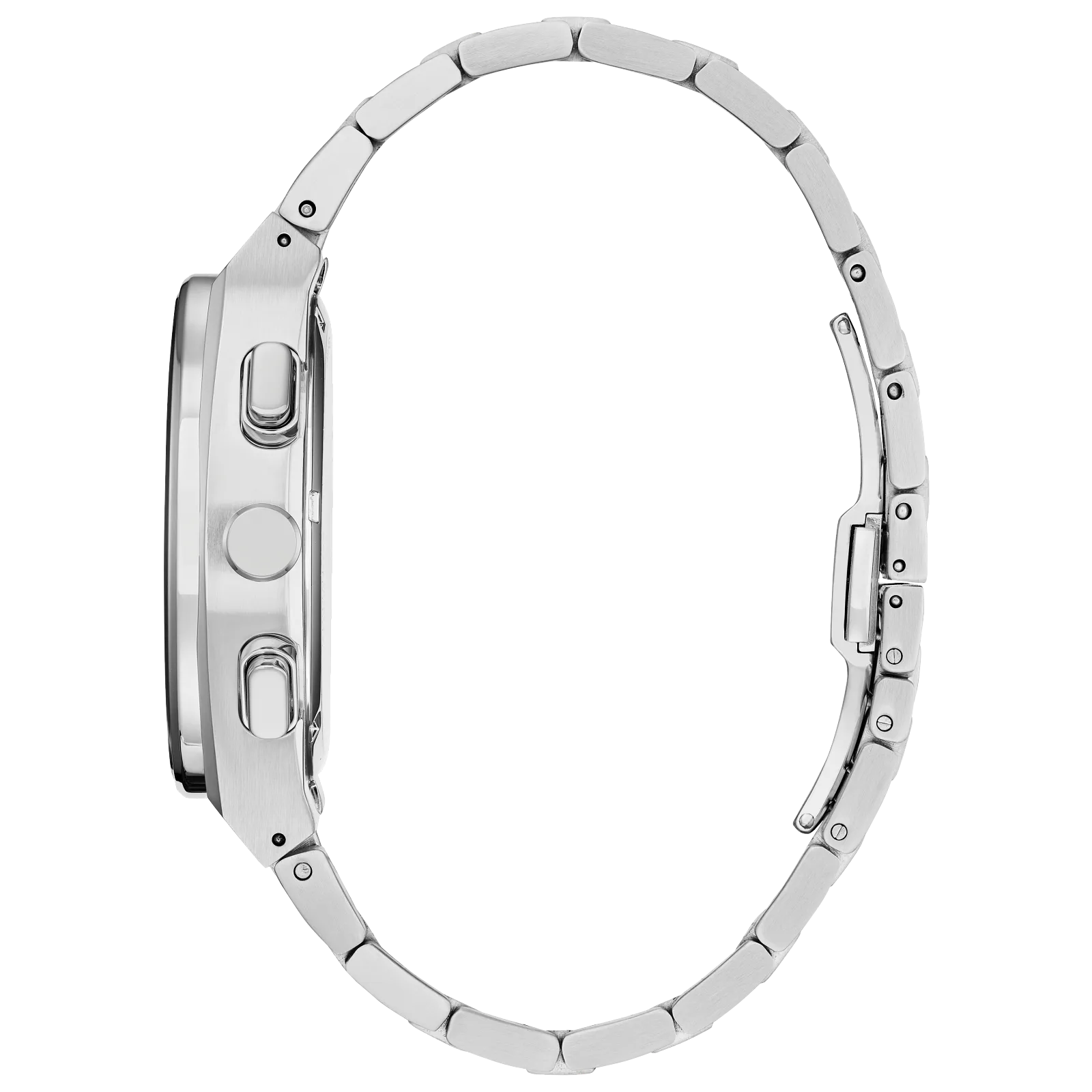 Citizen Silver Tone Axiom Watch with black dial, silver-tone stainless steel case and bracelet, featuring Eco-Drive technology, chronograph, 12/24 hour time, and date indicator.