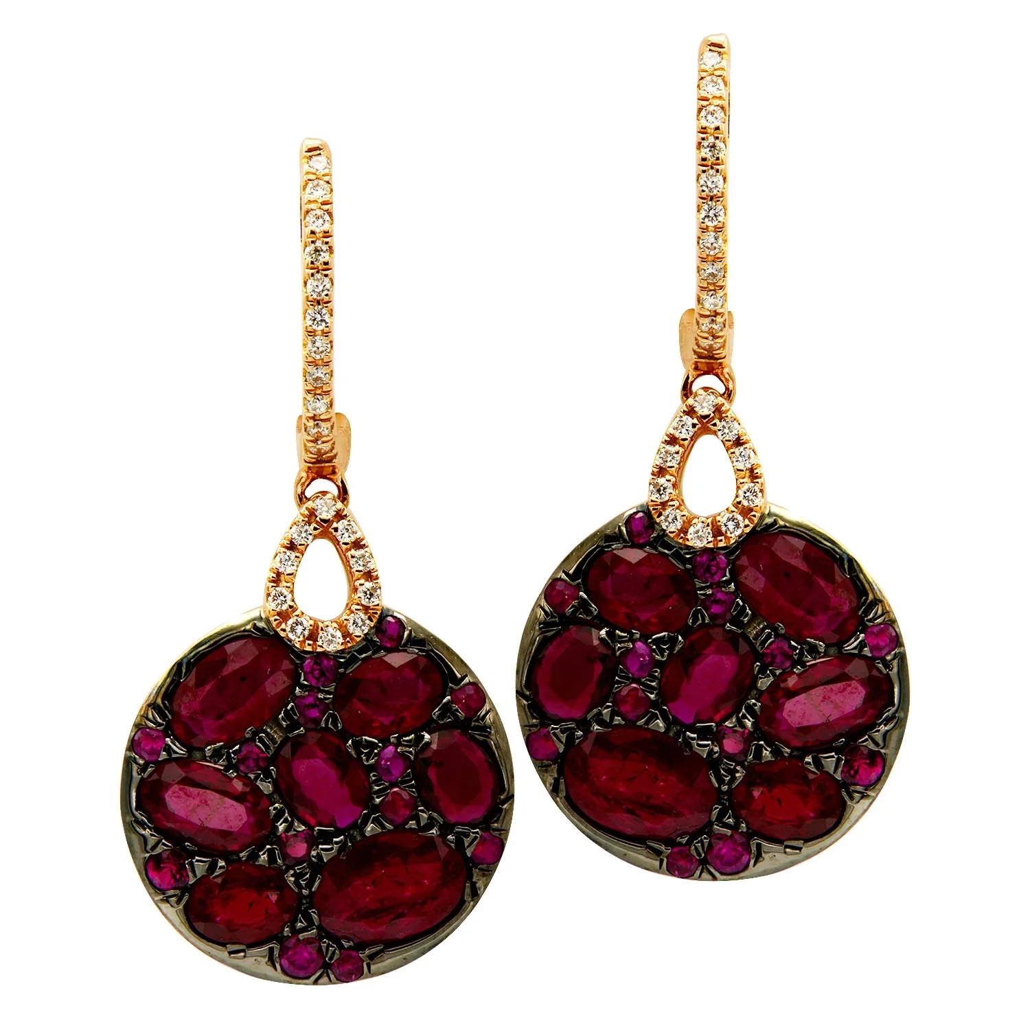 18K Rose Gold Ruby Cluster and Diamond Drop Earrings