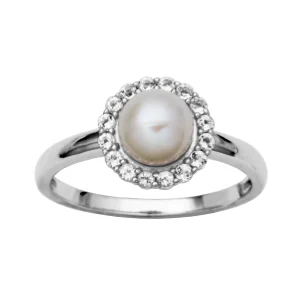 Sterling Silver Pearl and White Topaz Halo Ring by Samuel B.