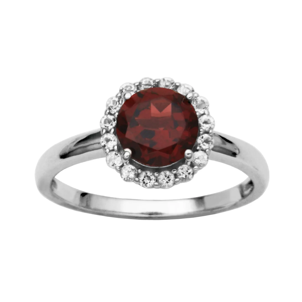 Sterling Silver Garnet and White Topaz Halo Ring