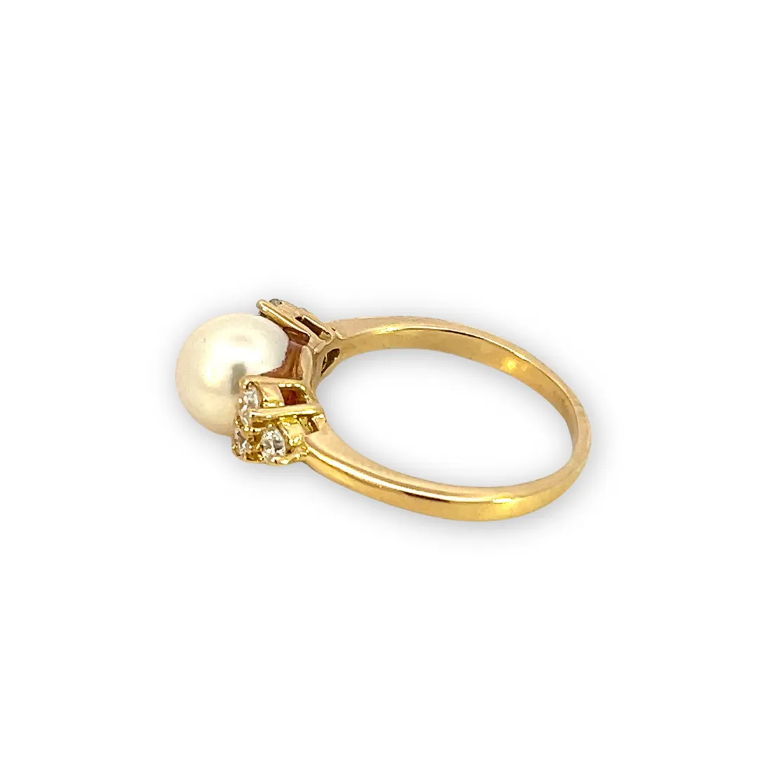 Estate 18K Yellow Gold Cream Colored Pearl & Diamond Ring
