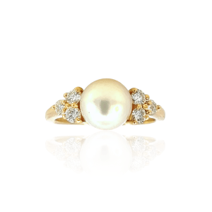Estate 18K Yellow Gold Cream Colored Pearl & Diamond Ring