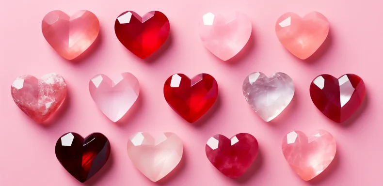 gemstone hearts in shades of red and pink on a pink background