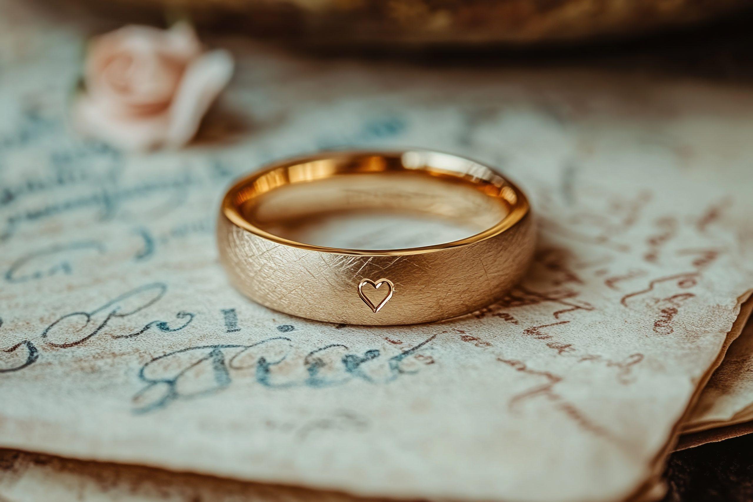 A yellow gold band with a brushed finish and a simplistic engraved heart resting on a pile of vintage-style letters with an out of focus pink rose in the lefthand background