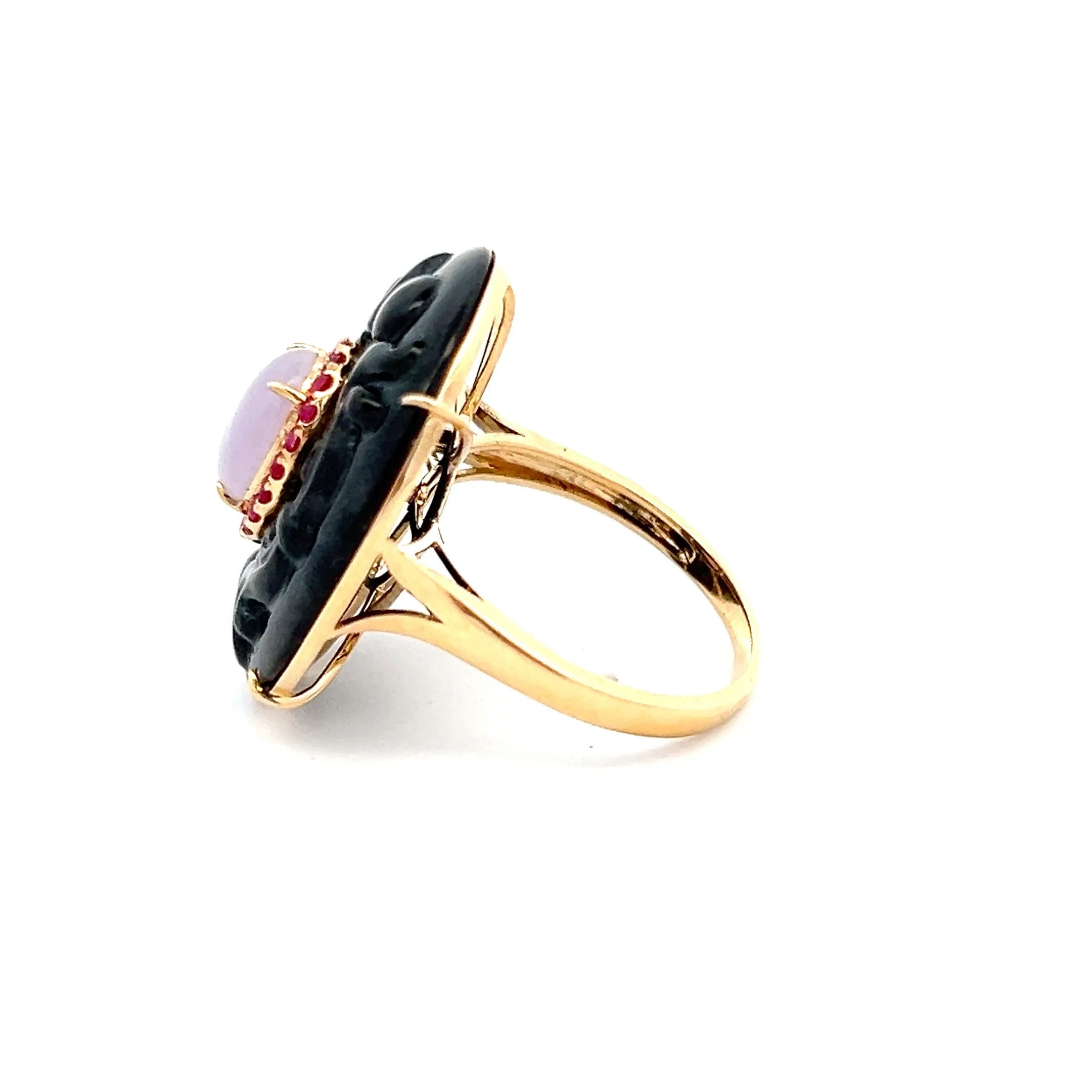 Estate 18K Yellow Gold Carved Onyx, Lavender Jade, and Ruby Ring