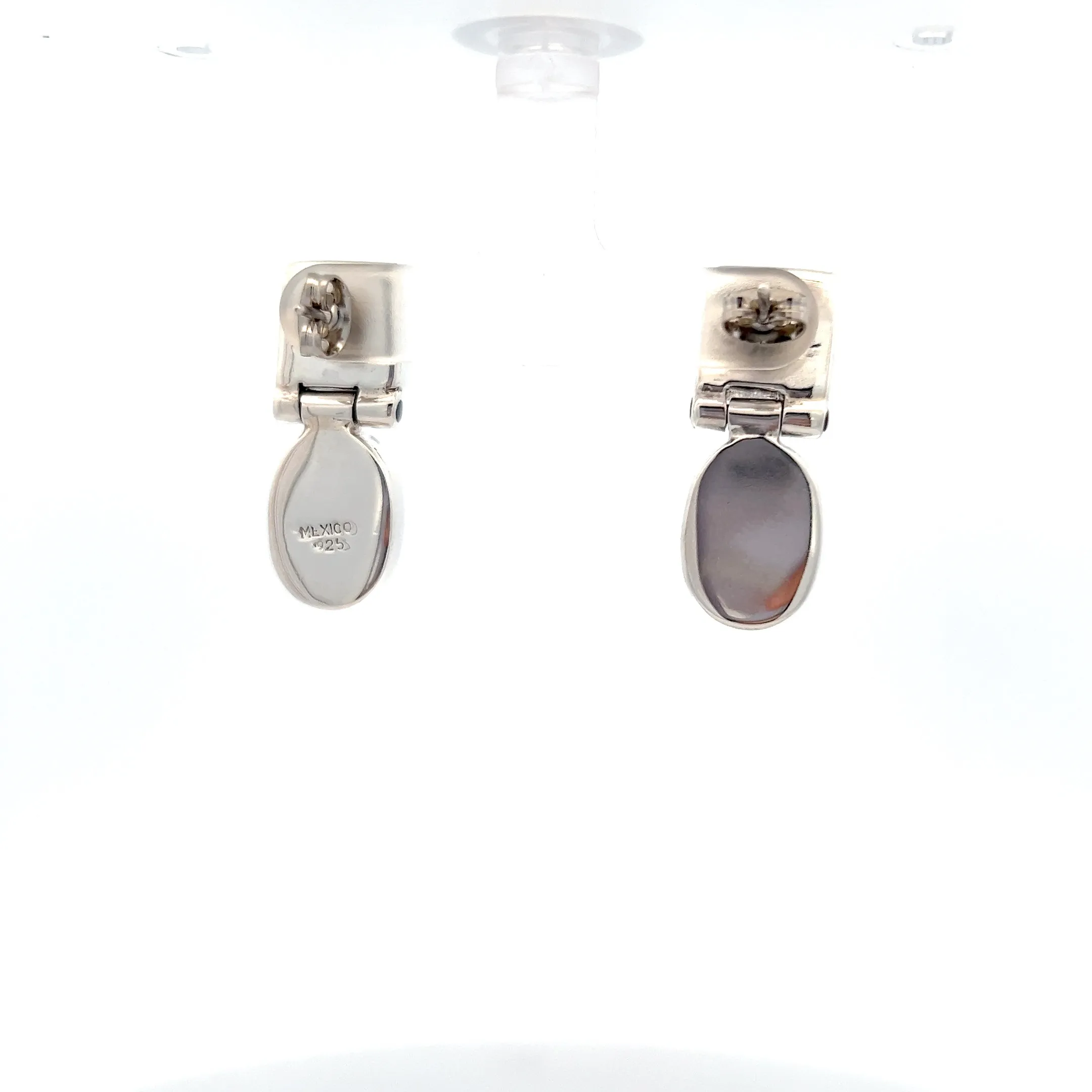 Estate Sterling Silver Dyed Green Chalcedony Inlay Drop Earrings