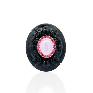 Estate 18K Yellow Gold Carved Onyx, Lavender Jade, and Ruby Ring