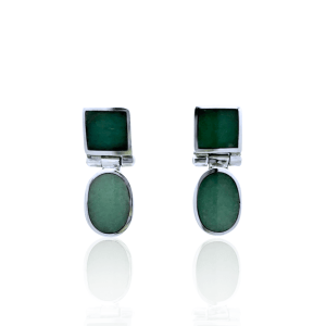 Estate Sterling Silver Dyed Green Chalcedony Inlay Drop Earrings-1