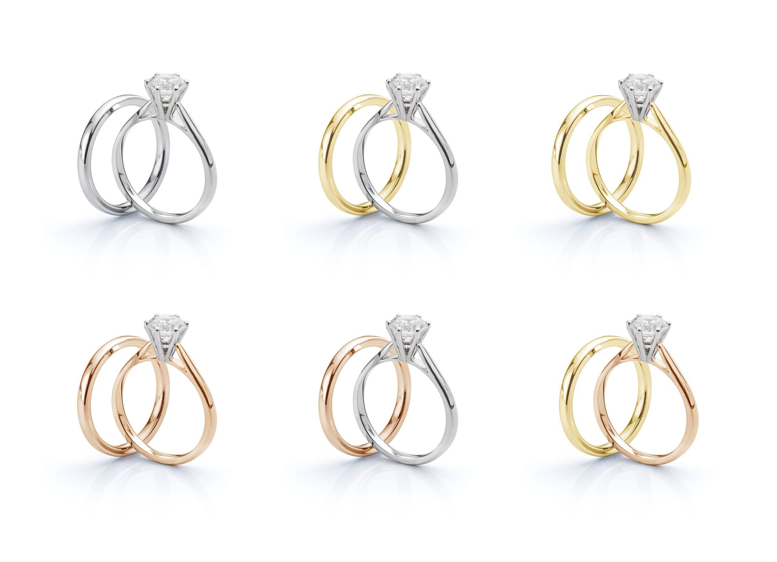 Diamond wedding ring sets in different gold color combinations