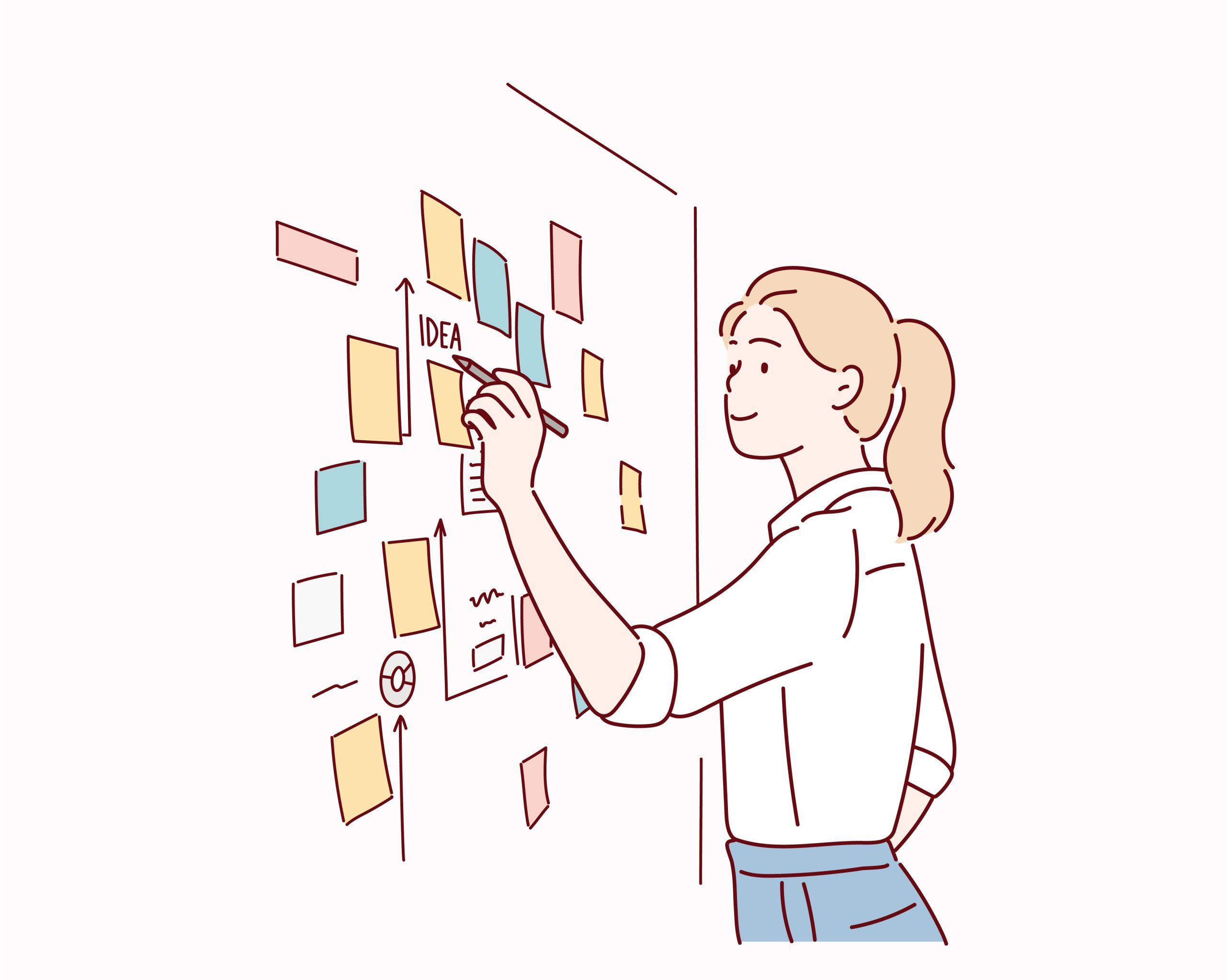 A woman brainstorming and planning using sticky tabs and notes