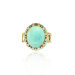 Estate 18K Yellow Gold Stambolian Fluorite, Diamond & Enamel Ring