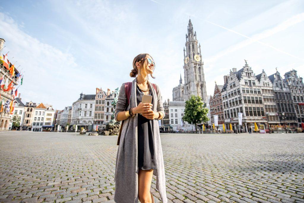 Woman traveling in Antwerpen city, Belgium