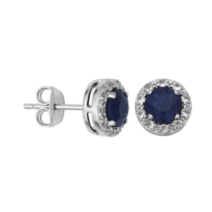 Sterling Silver Dyed Blue Sapphire & White Topaz Halo Stud Earrings