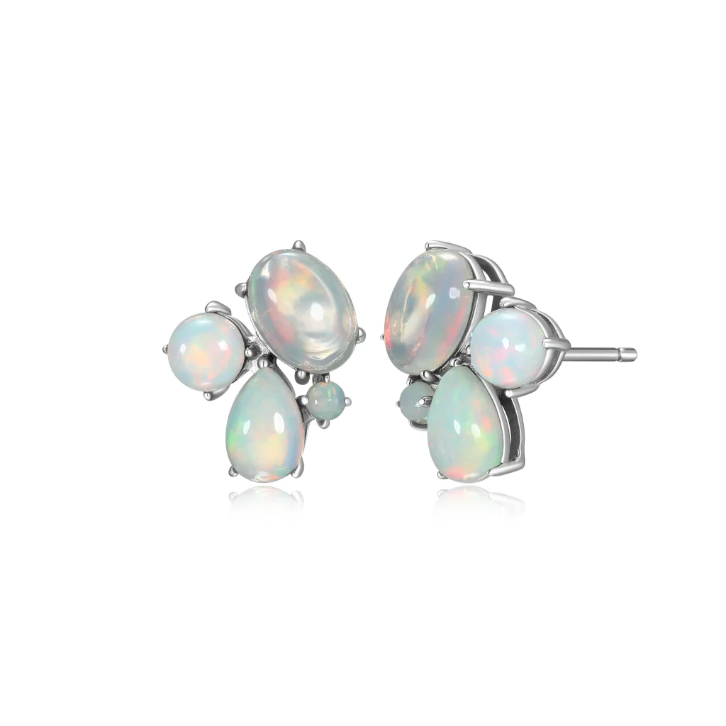 Sterling Silver Opal Cluster Stud Earrings