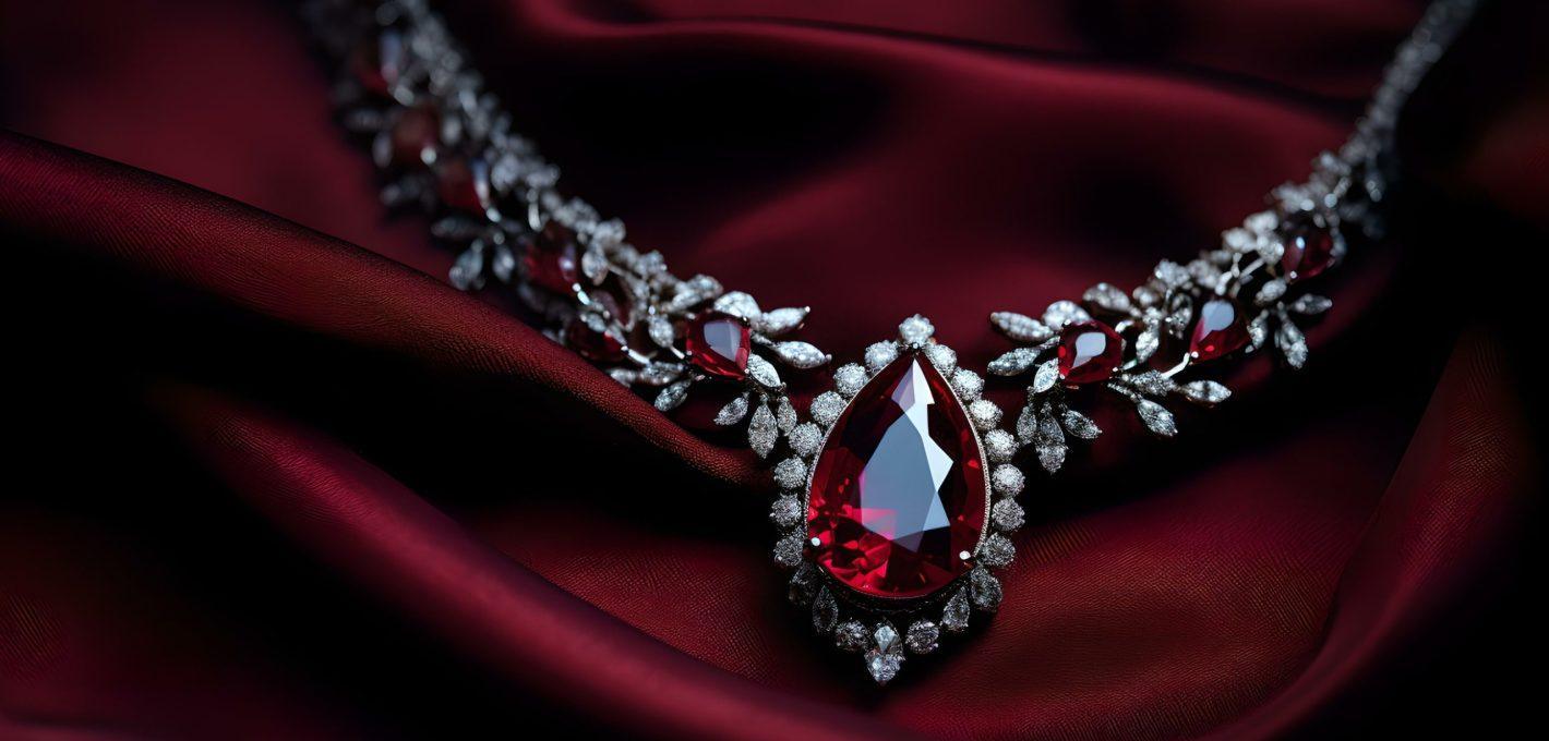 A beautiful ruby and diamond necklace presented on red silk
