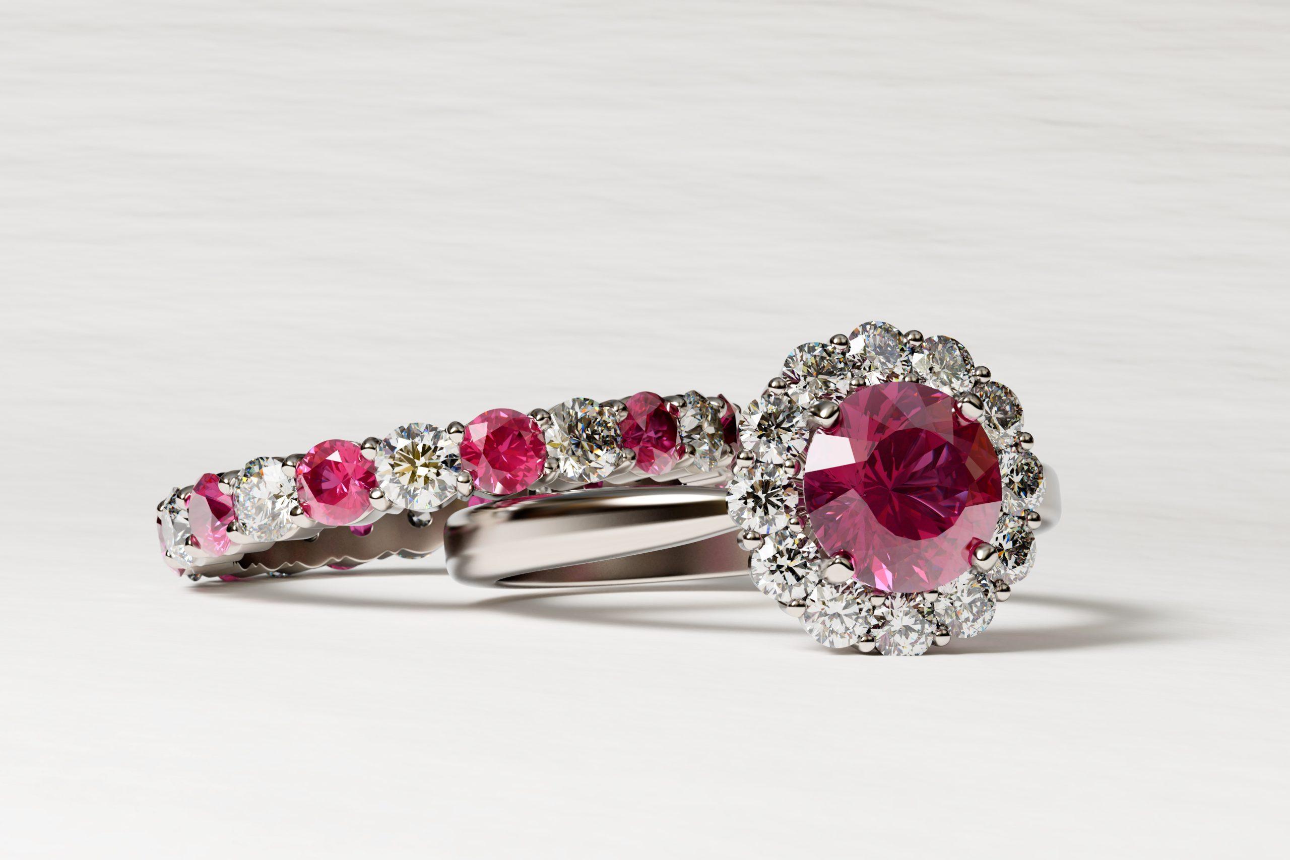 Red ruby and diamond wedding ring set