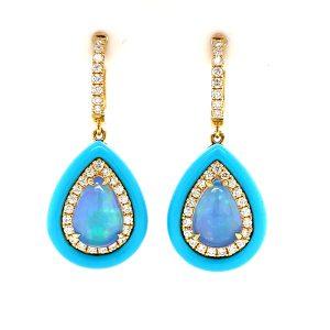 18k yellow gold turquoise diamond and opal earrings