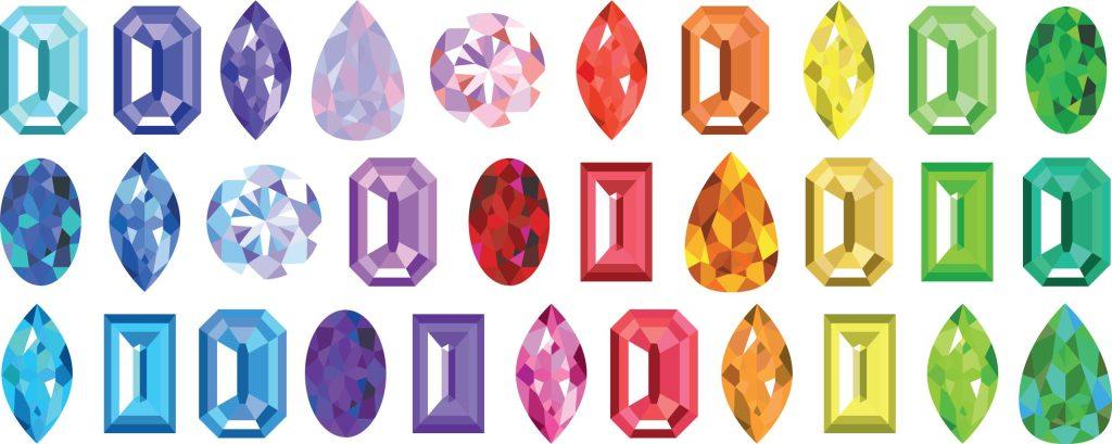 Set of gemstones with bright highlights in different rainbow colors isolated on white background