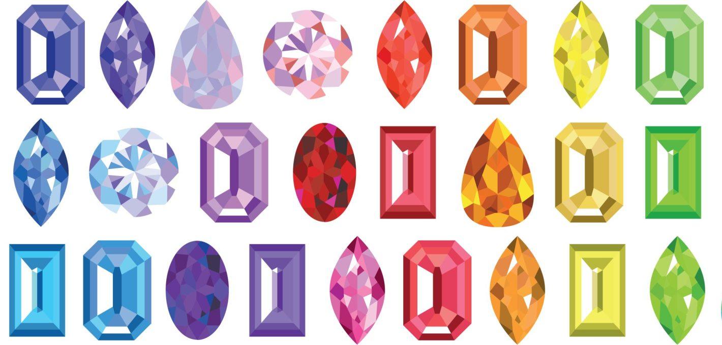 Set of gemstones with bright highlights in different rainbow colors isolated on white background
