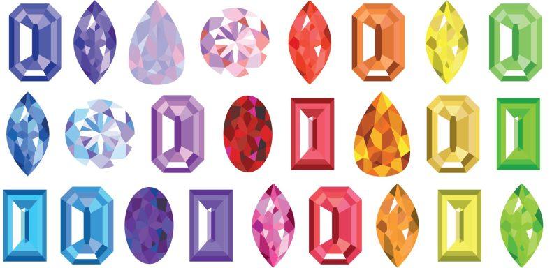 Set of gemstones with bright highlights in different rainbow colors isolated on white background