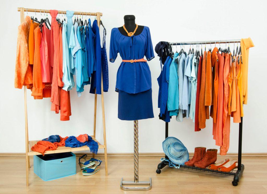 An ensemble collection of the complementary colors blue and orange