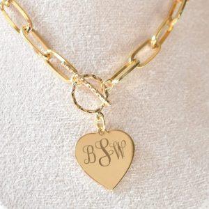 Close up paperclip style chain necklace on neck mannequin engraved monogram initial gold jewelry necklace