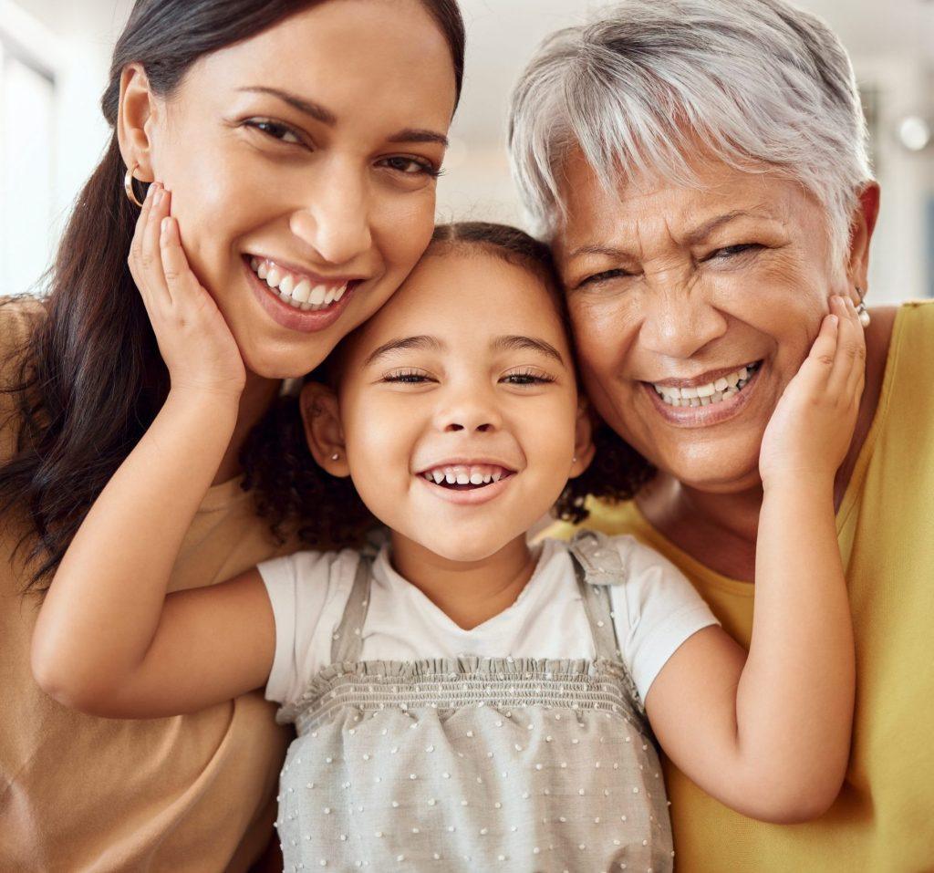 Children, family and generations with a girl, mother and grandmother together in their home during a visit. Kids, portrait and love with a senior woman, daughter and granddaughter bonding in a house
