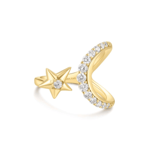 14K Yellow Gold Plated Cubic Zirconia Moon & Star Adjustable Ring