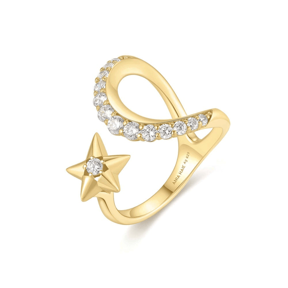 14K Yellow Gold Plated Cubic Zirconia Moon & Star Adjustable Ring