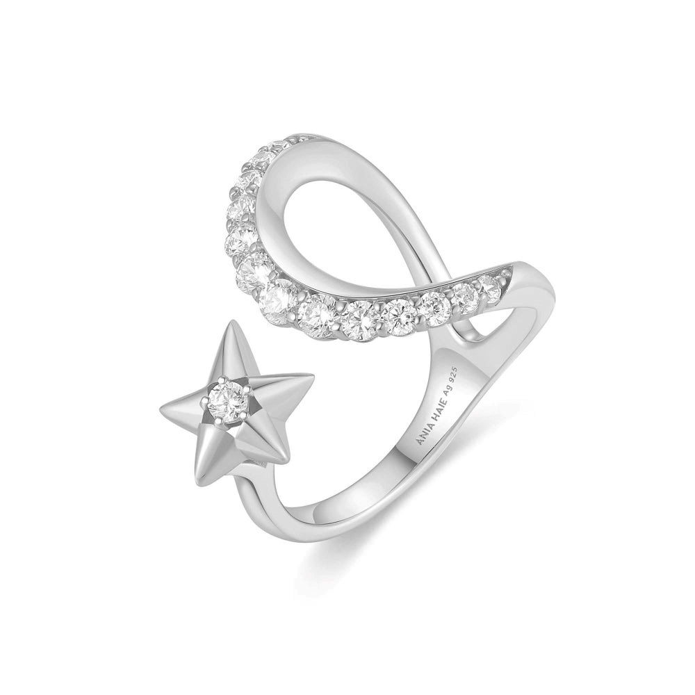Sterling Silver Cubic Zirconia Moon & Star Adjustable Ring