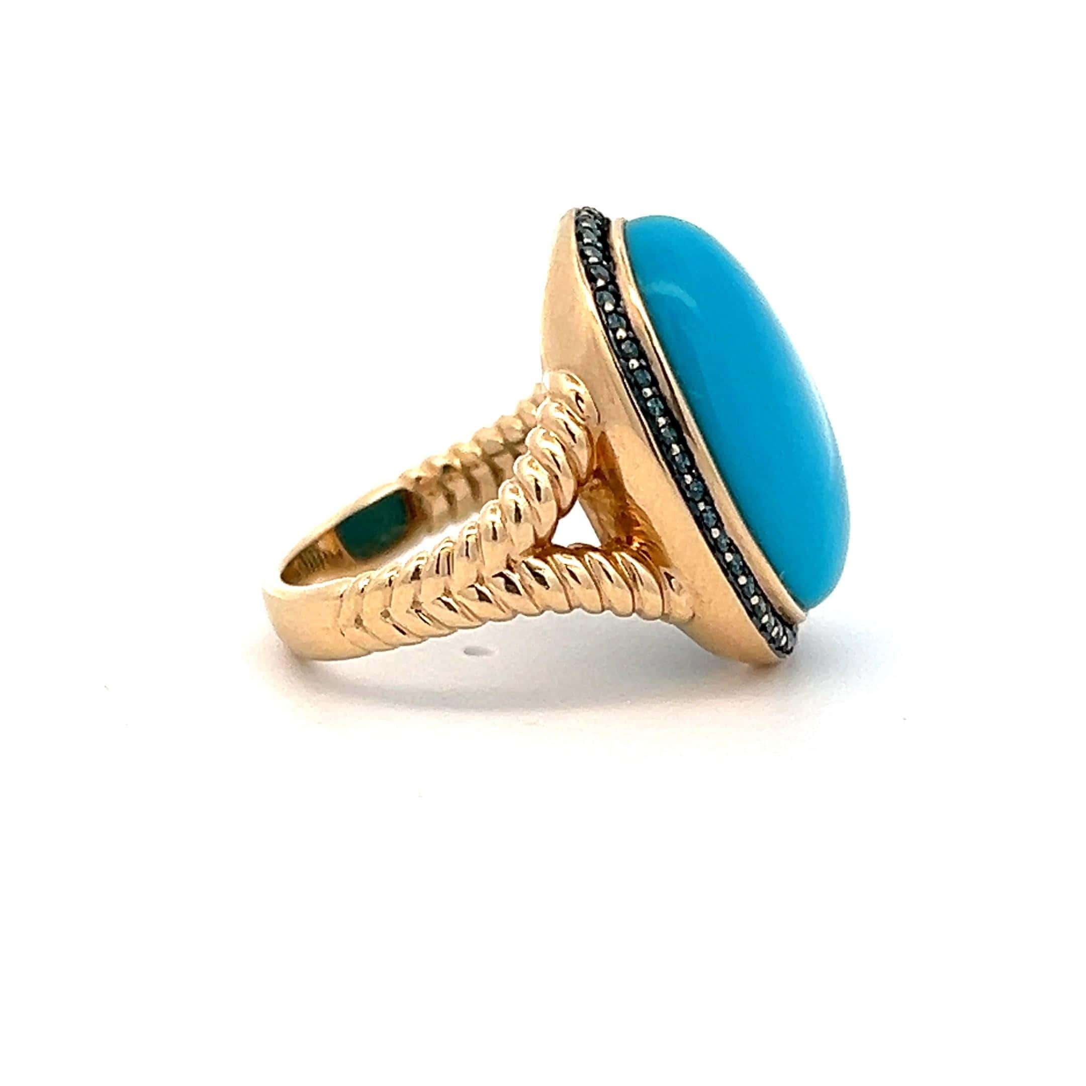 Estate 14K Yellow Gold Oval Turquoise & Blue Diamond Halo Ring