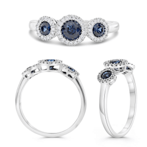 14K White Gold 0.70ctw Blue Sapphire Three-Stone Band with Diamond Halos