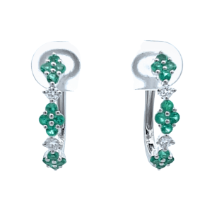 14K White Gold Emerald & Diamond Floral Huggie Hoop Earrings
