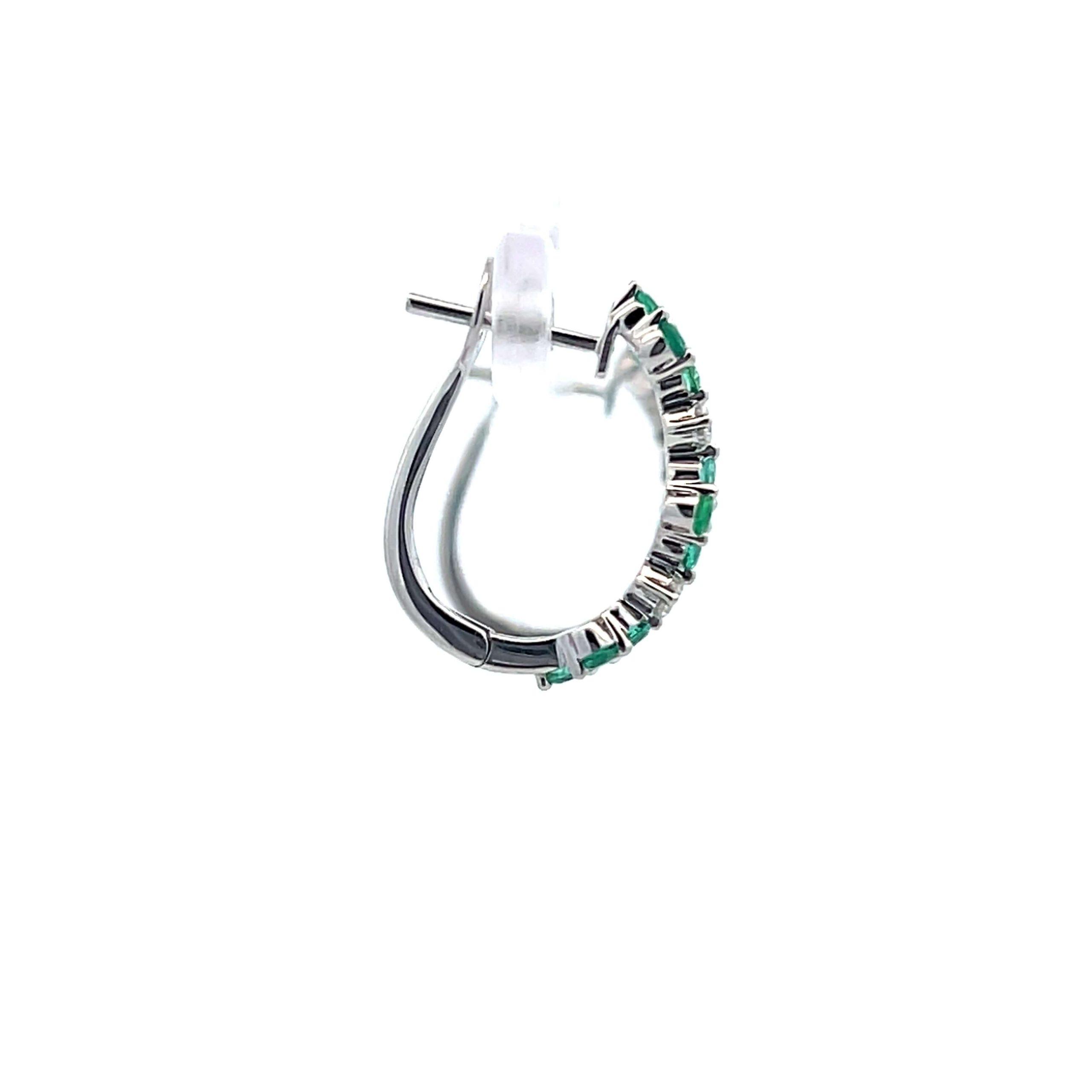 14K White Gold Emerald & Diamond Floral Huggie Hoop Earrings