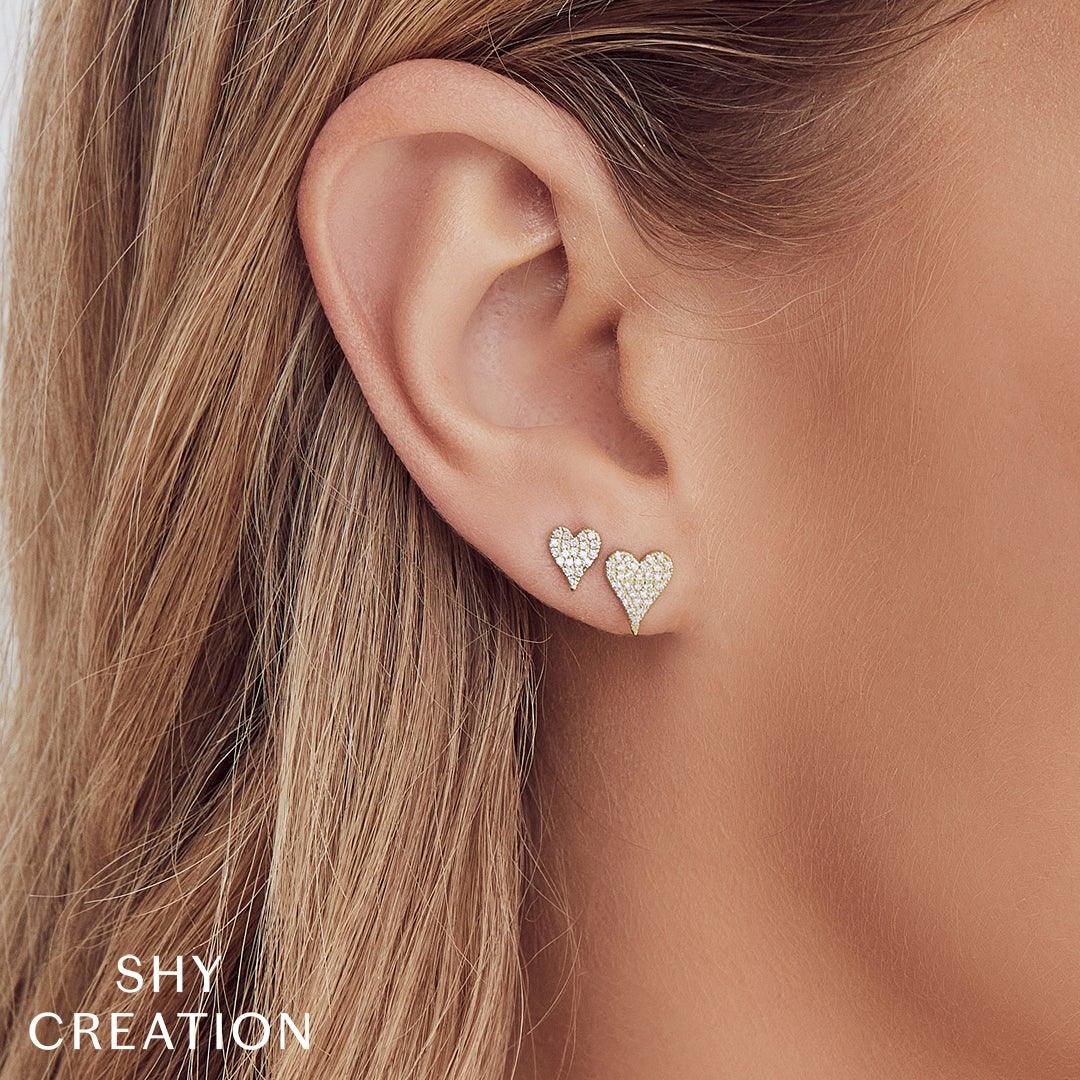 14K Yellow Gold 0.10ctw Diamond Heart Stud Earrings by Shy Creation