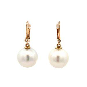 14K Yellow Gold 12MM South Sea Pearl & Diamond Dangle Earrings