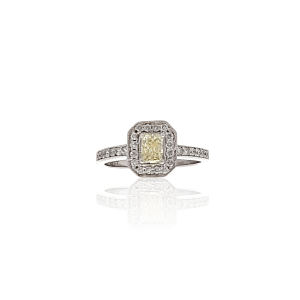 Estate 14K White Gold Radiant-Cut Yellow Diamond & White Diamond Halo Engagement Ring